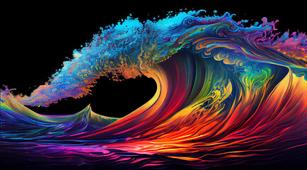 Iridescent waves, strange trippy rainbow liquid ocean flowing glowing splashing in epic alien ocean, surreal abstract colorful ocean wave, oil slick glossy colors (generative AI, AI)