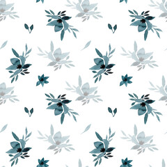 Seamless pattern with flowers. Background with blue watercolor flowers. Monochrome flowers background. Botanical illustration minimal style. Watercolor flowers for printing on postcards.
