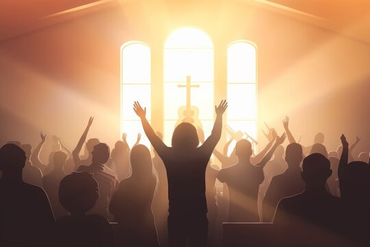 Christian worship God together in Church hall in front of music stage, Generative AI