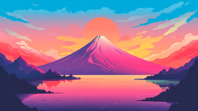 Fuji mountain vector illustration landscape during sunset or sunrise. Abstract colorful minimal style digital graphic art painting. Digital illustration generative AI.