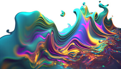 Iridescent waves, strange trippy rainbow liquid ocean flowing glowing splashing in epic alien ocean, surreal abstract colorful ocean wave, oil slick glossy colors (generative AI, AI)