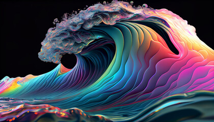 Iridescent waves, strange trippy rainbow liquid ocean flowing glowing splashing in epic alien ocean, surreal abstract colorful ocean wave, oil slick glossy colors (generative AI, AI)