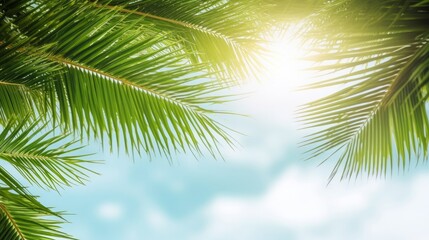 Fototapeta premium Palm leaves in front of blue sunny summer sky, Generative AI