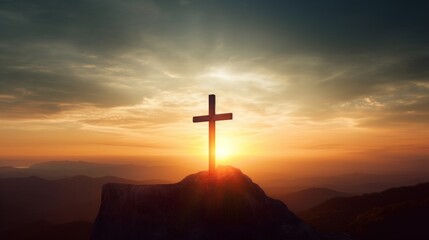 The crucifix symbol of Jesus on the mountain sunset sky background, Generative AI