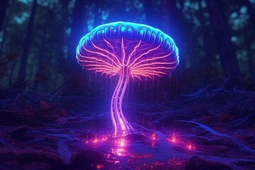 Mushroom. Fantasy glowing mushrooms in mystery dark forest closeup