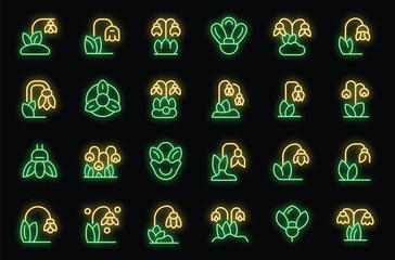 Snowdrop icons set outline vector. Nature flower. Spring floral neon color on black