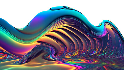 Iridescent waves, strange trippy rainbow liquid ocean flowing glowing splashing in epic alien ocean, surreal abstract colorful ocean wave, oil slick glossy colors (generative AI, AI)