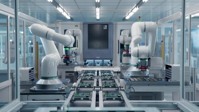 Electronic Devices Production Industry. Fully Automated Modern PCB Assembly Line Equipped with Advanced High Precision Robot Arms at Smart Electronics Factory. Component Installation on Circuit Board.