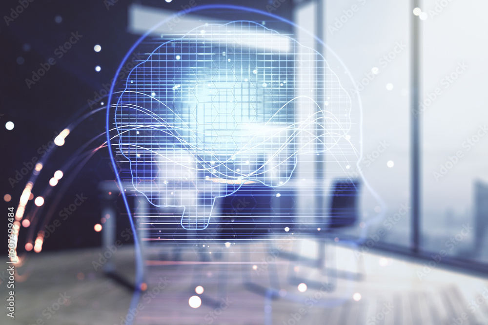 Aufkleber Double exposure of creative artificial Intelligence symbol and modern desktop with laptop on background. Neural networks and machine learning concept