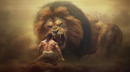 Warrior fight with giant lion