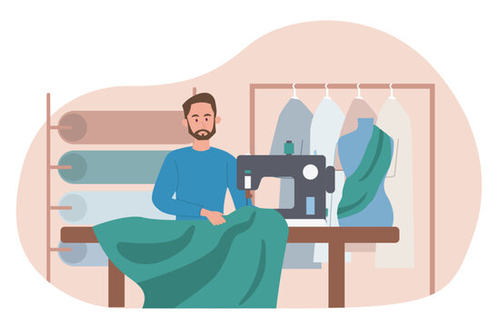 Man sews concept. Young guy with sewing machine and cloth. Atelier in workshop or studio. Seamstress, taylor or atelier. Fashion clothes designer. Cartoon flat vector illustration