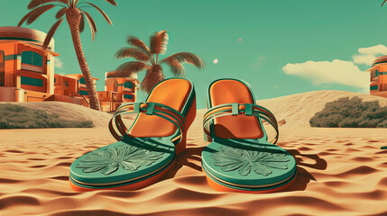 Flip flop sandals on the sandy beach in nostalgic card style. Retro vacation postcard with slippers on the coast. Generated AI.