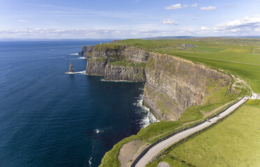 Aerial birds eye drone view from the world famous cliffs of moher in county clare ireland. Scenic Irish rural countryside nature along the wild atlantic way. - 607500241
