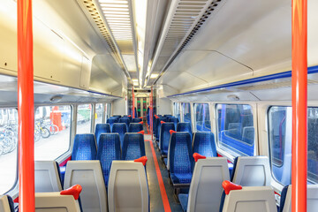 Interior view of a empty train with selective focus