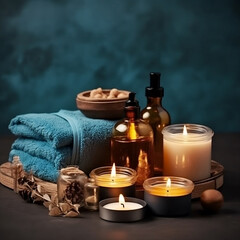 Obraz na płótnie Canvas Serene Spa Set-Up with Relaxing Candles and Beauty Treatment Accessories, generative AI