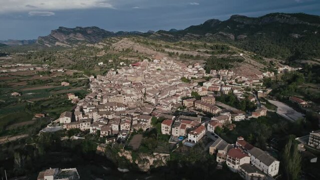 Aerial view of the small town of Beceite surrounded by mountains, Teruel, Matarranya comarca, Spain.