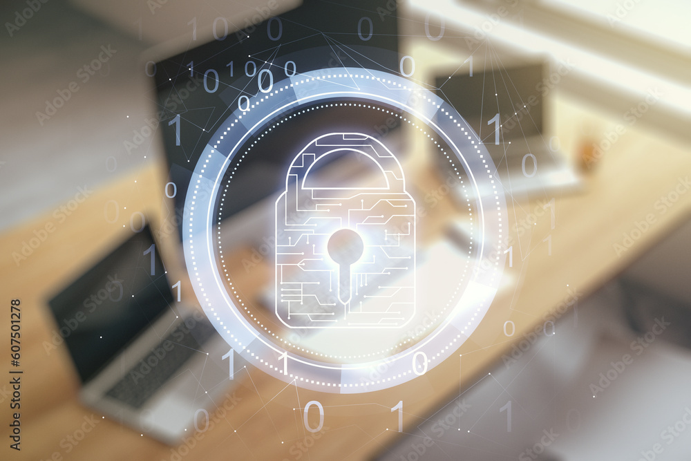 Poster Creative idea concept with lock symbol and microcircuit illustration and modern desktop with computer on background. Protection and firewall concept. Multiexposure