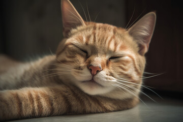 Fototapeta premium Funny cat laughing. Happy and kind relaxed kitten face with happy satisfied smile. Generated AI.