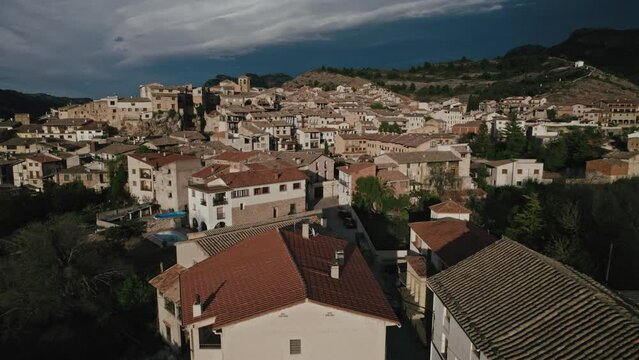 Aerial view of the small town of Beceite surrounded by mountains, Teruel, Matarranya comarca, Spain.