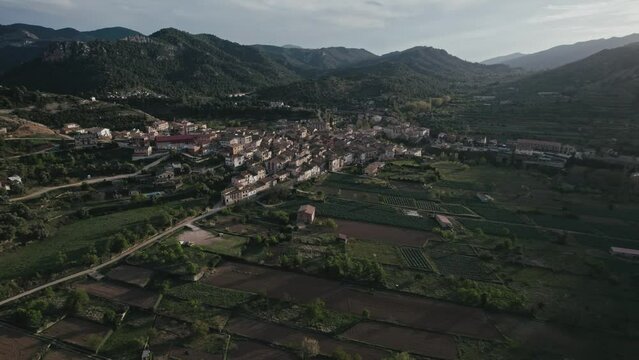 Aerial view of the small town of Beceite surrounded by mountains, Teruel, Matarranya comarca, Spain.