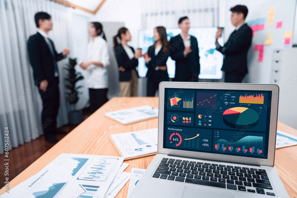 Poster focus laptop monitor display dashboard report by business intelligence, analyzed financial data for 