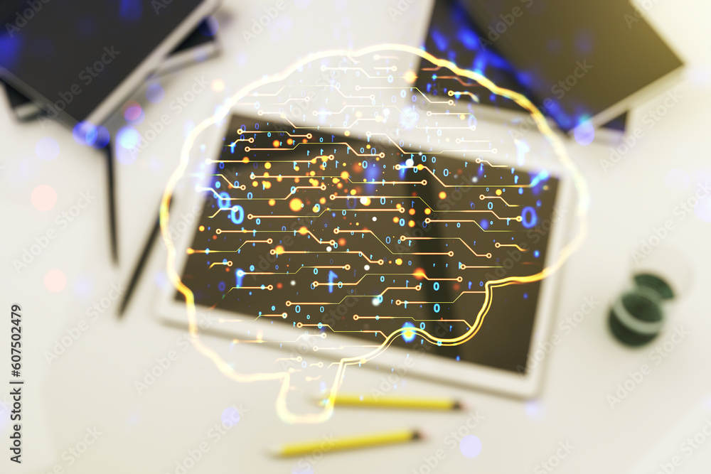 Poster double exposure of creative artificial intelligence symbol and digital tablet on background, top vie