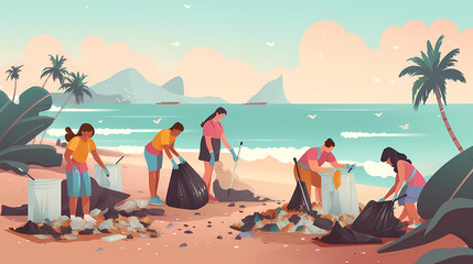 Benevolent Blue: A Vibrant Illustration of Stewardship, Depicting the Clean-Up of a Sandy Beach, Rendered in a Vector Style by Generative AI - obrazy, fototapety, plakaty