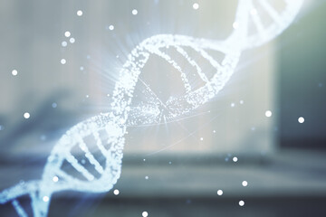 DNA hologram on contemporary business center exterior background, biotechnology and genetic concept. Multiexposure