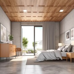 A contemporary loft bedroom with garden access, concrete floors, wooden ceiling, and gray furniture. (Illustration, Generative AI)