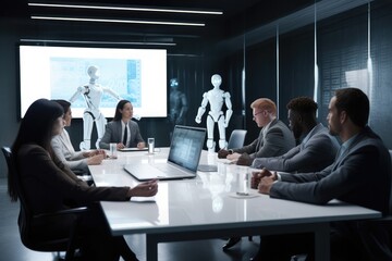 Fototapeta premium Group of business executives seated at a sleek, with a humanoid robot standing at the head of the table. Generative AI