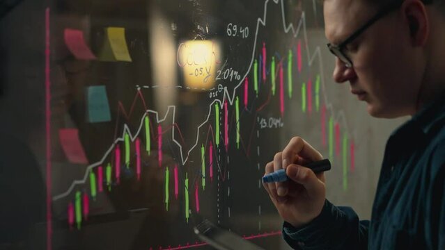 Glass board, A male analyst is writing emphatically on a glass board in a boardroom. a young expert conducts analytical knowledge in the field of business using modern methods of planning, strategy,
