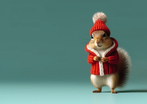 Photorealistic full-body chipmunk wearing knitted sweater and beanie on solid studio background. AI generative