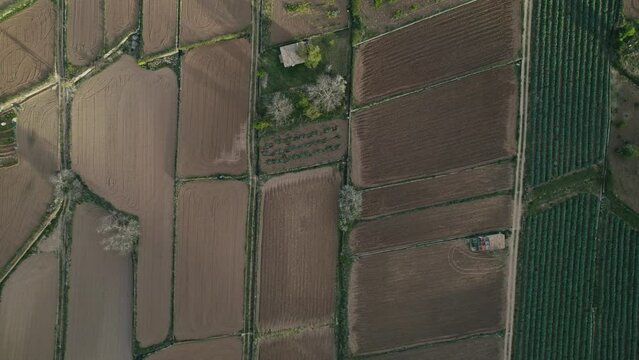 Aerial view of agricultural fields, Beceite, Teruel, Matarranya comarca, Spain.