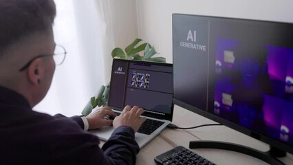 Generative Ai Digital art: Business woman creating images with artificial intelligence inside office - Smart technology trend - Main focus on hands