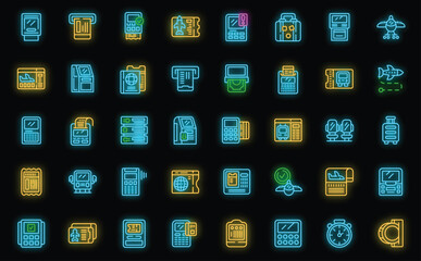 Ticket terminal icons set outline vector. City mobile. Security travel neon color on black