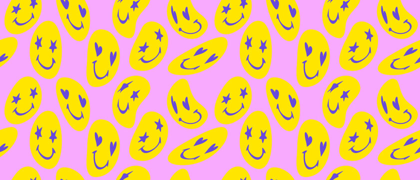 Trendy Cute Seamless Vector Pattern with Yellow Twisted Emoticons on a Light Pink Background.Simple Infantile Style Abstract Doodles Repeatable Design with Smiling Faces ideal for Fabric.Rgb Colors.