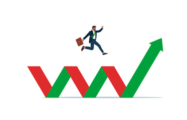 Businessman jumping over stock market rising and falling . Symbol of business success, challenge, risk, courage. Flat vector illustration