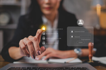 Hand pointing at lock sign password. Concept of Log in safety, Protection, privacy of software. Online access protect password system. Cyberspace, hacker, iso 27001, Website and email account device.