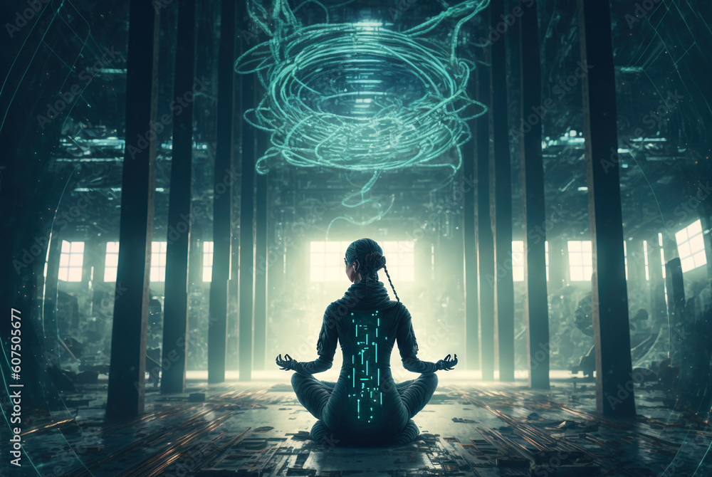 Poster digital era woman meditating in neon wires, with consciousness connected to the world via technologi