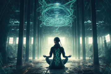 Digital era woman meditating in neon wires, with consciousness connected to the world via technological structure. Generated AI. - obrazy, fototapety, plakaty