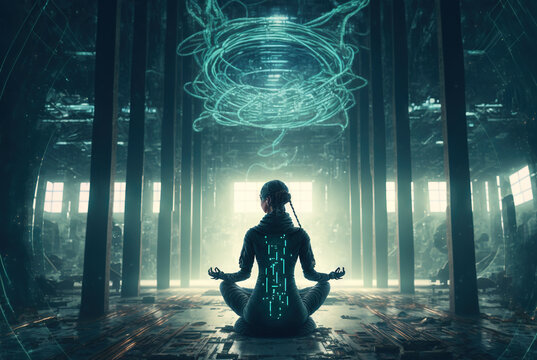 Digital era woman meditating in neon wires, with consciousness connected to the world via technological structure. Generated AI.