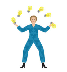 Woman juggling with light bulbs, ideas. Isolated. Vector illustration.