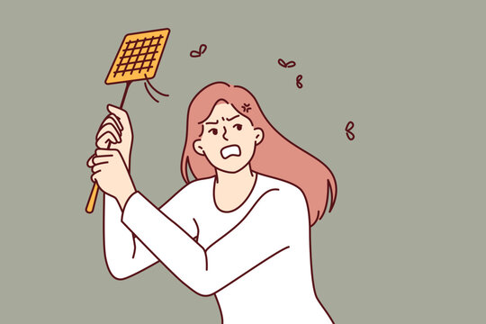 Angry woman kills mosquitoes using swatter feeling irritated due to insects disturbing sleep on summer night. Girl with swatter is annoyed by camaras and maskites and needs electric fumigator