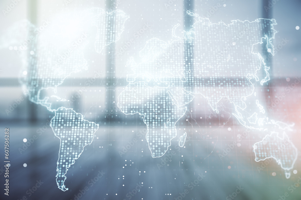 Poster multi exposure of abstract graphic world map on modern interior background, big data and networking 