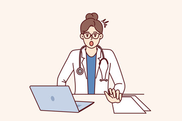 Fototapeta na wymiar Shocked woman doctor is surprised to see rare disease, sits at table with laptop. Girl doctor with stethoscope, opening mouth looks at screen after learning about symptoms of mysterious disease