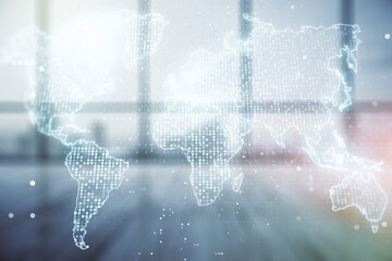 Multi exposure of abstract graphic world map on modern interior background, big data and networking concept