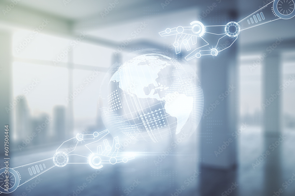 Aufkleber abstract virtual robotics technology sketch with globe on abstract empty interior background, future