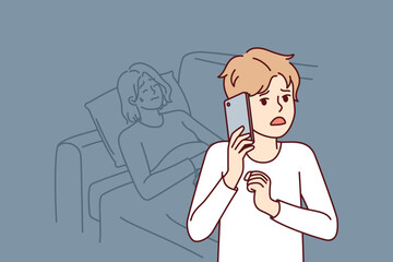 Flustered boy calls 911 and tells doctor symptoms of sick mom in need of medical attention. Sick woman lies on couch next to son with mobile phone trying to call hospital staff for help