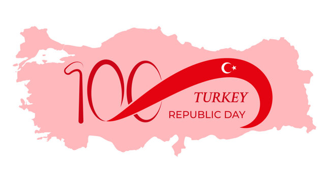 100 years anniversary Republic Day of Turkey. Festivity card with number 100, the Turkish flag and map silhouette. 29th October. 1923 - 2023, National victory day. Vector flat style illustration