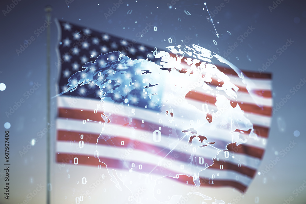 Aufkleber abstract virtual coding concept and world map hologram on usa flag and sunset sky background. multie